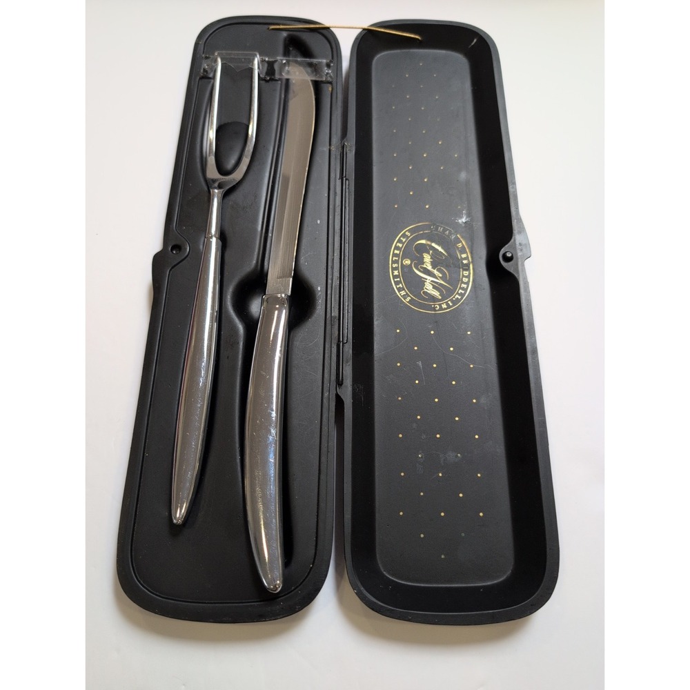 MCMCarvel Hall 2 Piece Chrome Meat Carving Knife& Fork Utensil Set In Orig. Case